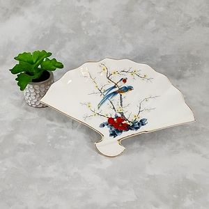 Vintage Ceramic Fan Dish with Birds & Cherry Blossoms from Japan